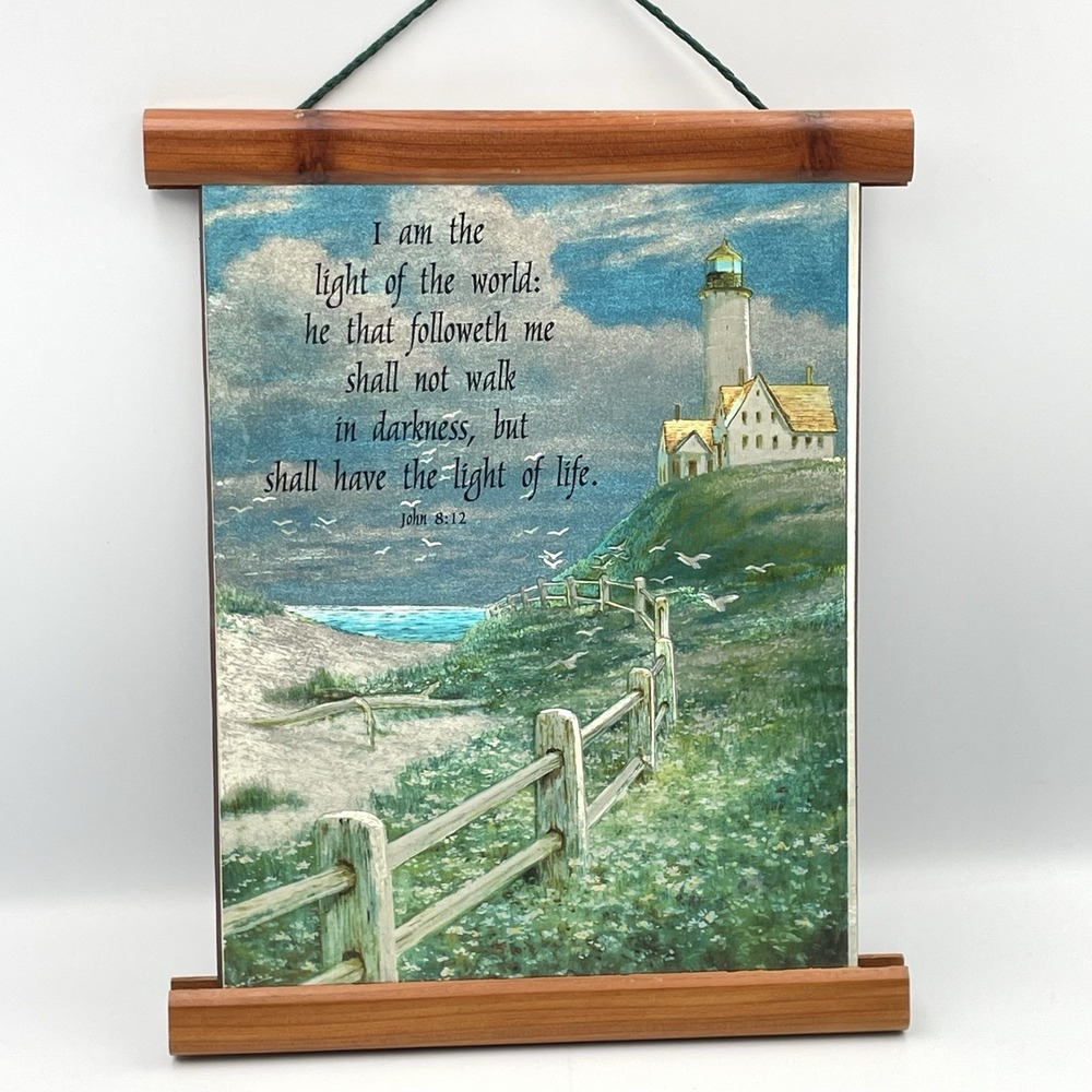 Vintage 1980s Christian Lighthouse Wall Hanging John 8:12 Foil Art Plaque 9x7